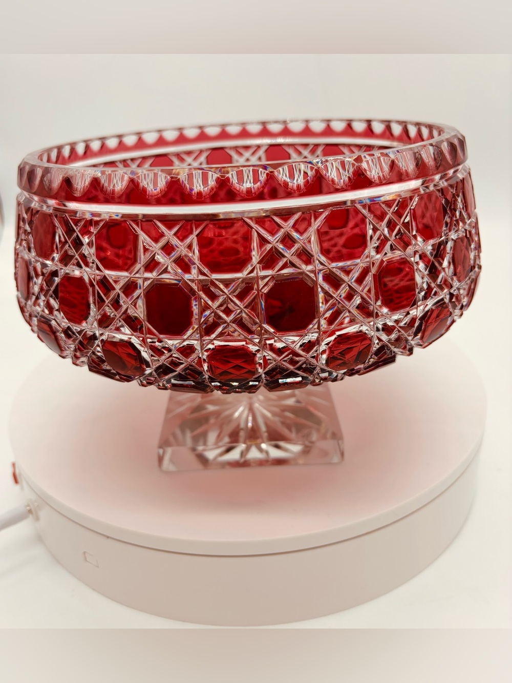 Bohemian Czech Cranberry Cut to Clear Crystal Bowl